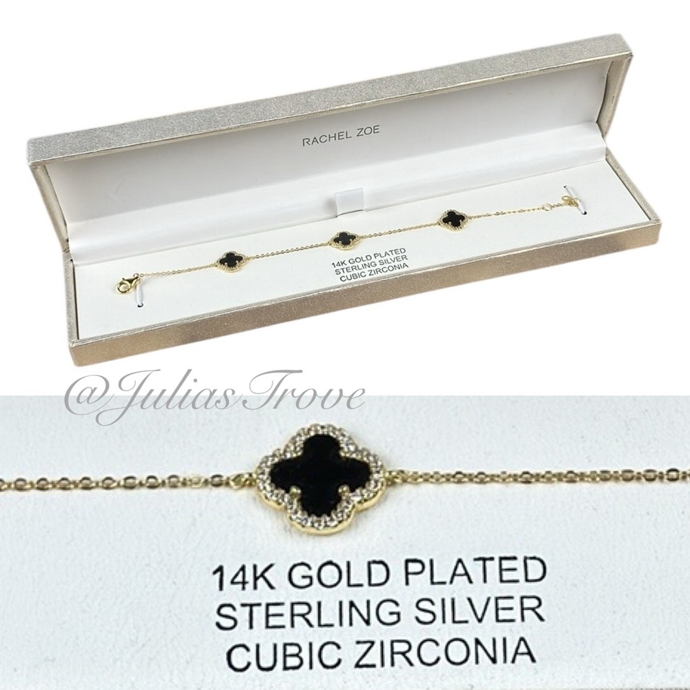 Rachel Zoe 14K Gold Plated 925 Silver Clover Bracelet Black NWT